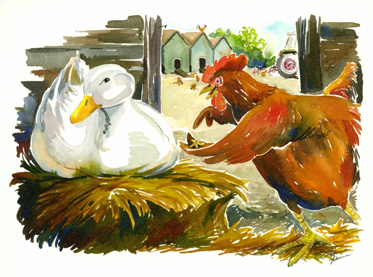 The Little Red Hen and Duck sample image 1  Image: Sample illustration for "The Little Red Hen",  "All Aboard" early reader series ©1996 Leonie Bennett, Ginn and Company, UK
Permanent acrylic inks and graphite pencil on unbleached acid-free cotton paper