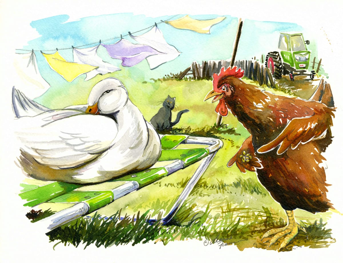 The Little Red Hen and Duck sample image 2  Image: Sample illustration for "The Little Red Hen",  "All Aboard" early reader series ©1996 Leonie Bennett, Ginn and Company, UK