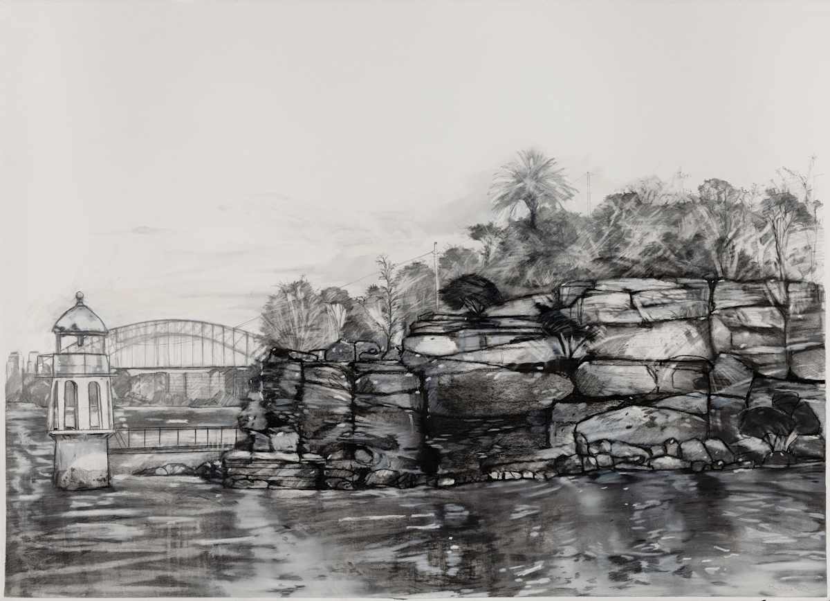 Cremorne Point light by Belinda Wilson  Image: Cremorne Point Light captures the serene beauty of Sydney Harbour, centrering on the iconic Cremorne Point Lighthouse.

This drawing explores the interplay of natural light and tranquil waters, evoking a sense of calm and quiet reflection. Executed in a monochromatic palette, the work highlights the delicate balance between the built environment and the surrounding landscape. The use of drawing materials enhances the immediacy and intimacy of the scene.

This piece continues the Impression: Sydney series, first exhibited at Brenda Colahan Fine Art, Sydney, in October 2024.
