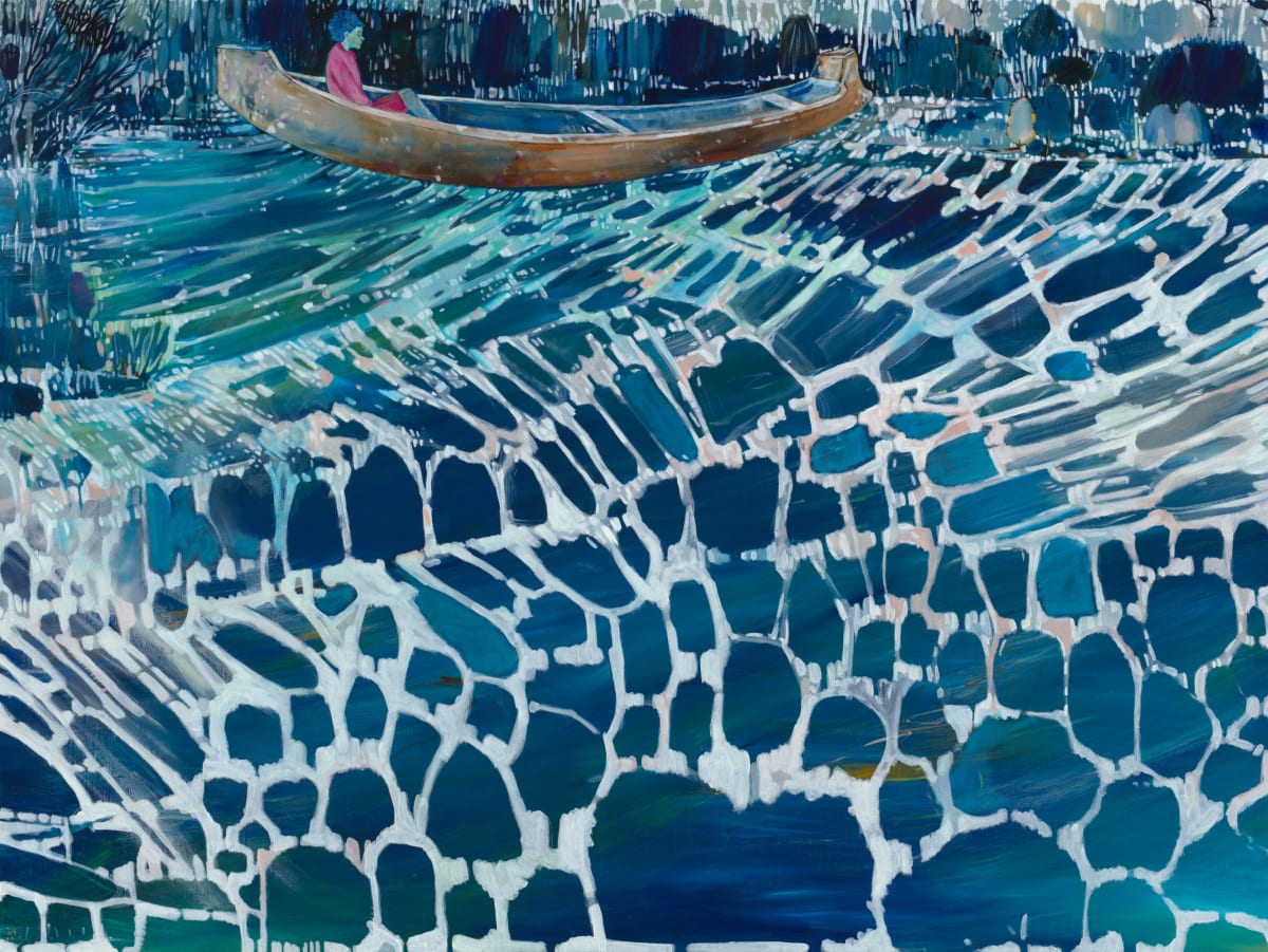 Exploring an unknown world by Belinda Wilson  Image: A young boy drifts gently in a small boat, his wide eyes filled with wonder as he navigates through misty waters, discovering a world of mystery and imagination that stretches beyond the horizon.