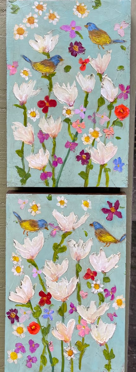 Blooms and Birds diptych by Anne Hempel 