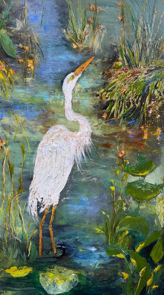 Great Egret Wading in Grassy Waters 