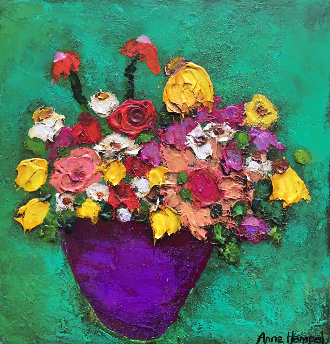 Green background Flowers in a vase by Anne Hempel 