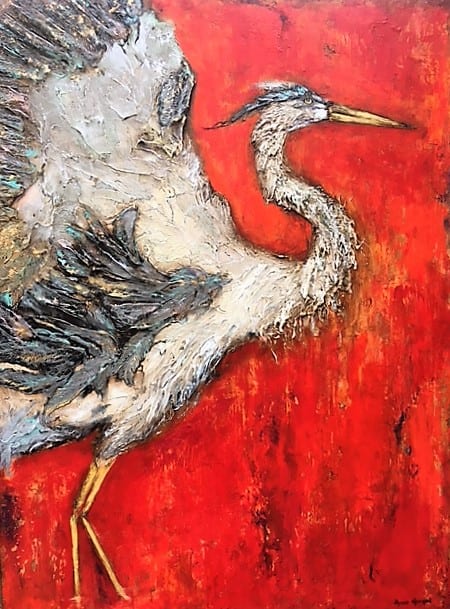 Heron Soars Through Crimson Sky by Anne Hempel 