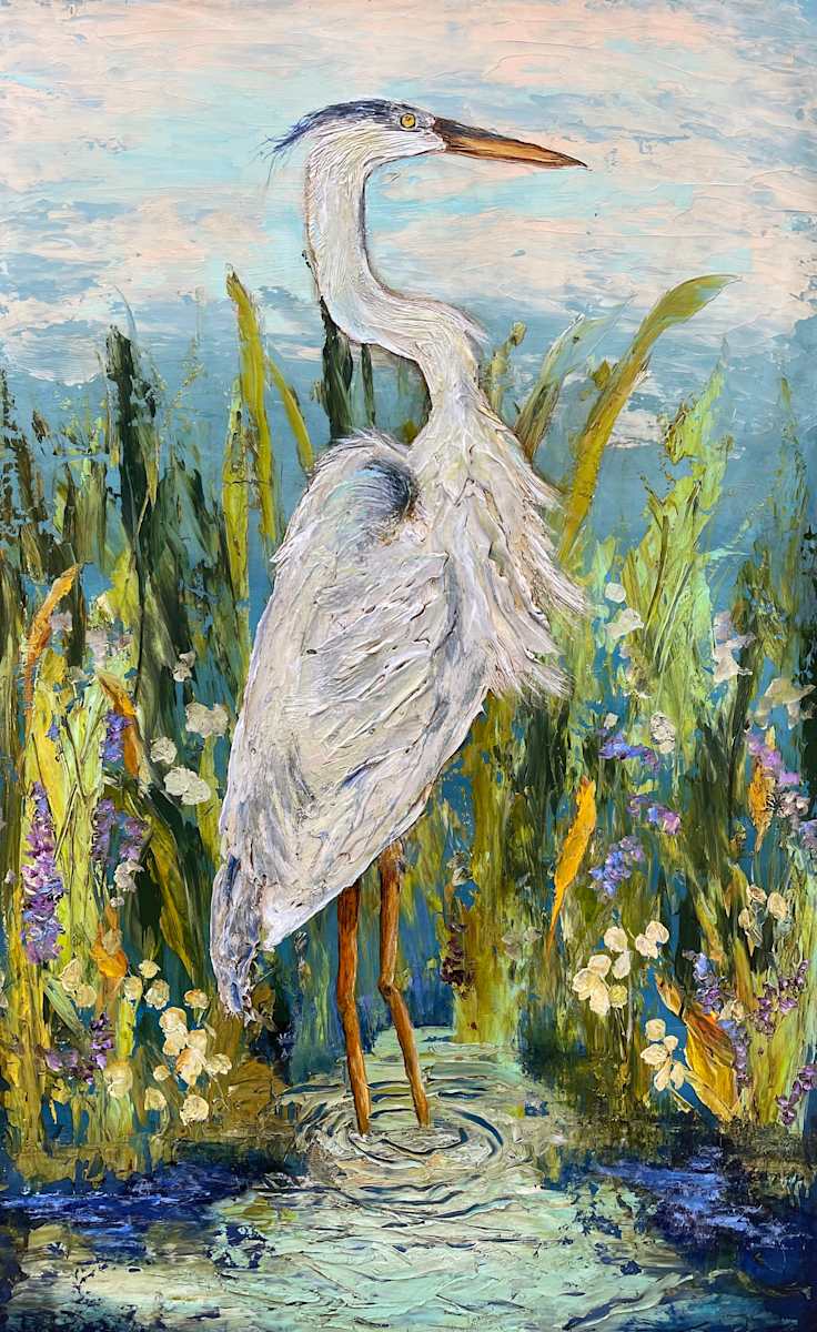 Heron Among the Swamp Flowers by Anne Hempel 