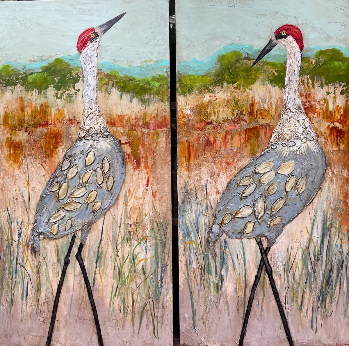 Sandhill Crane Sioree commission dyptich by Anne Hempel 