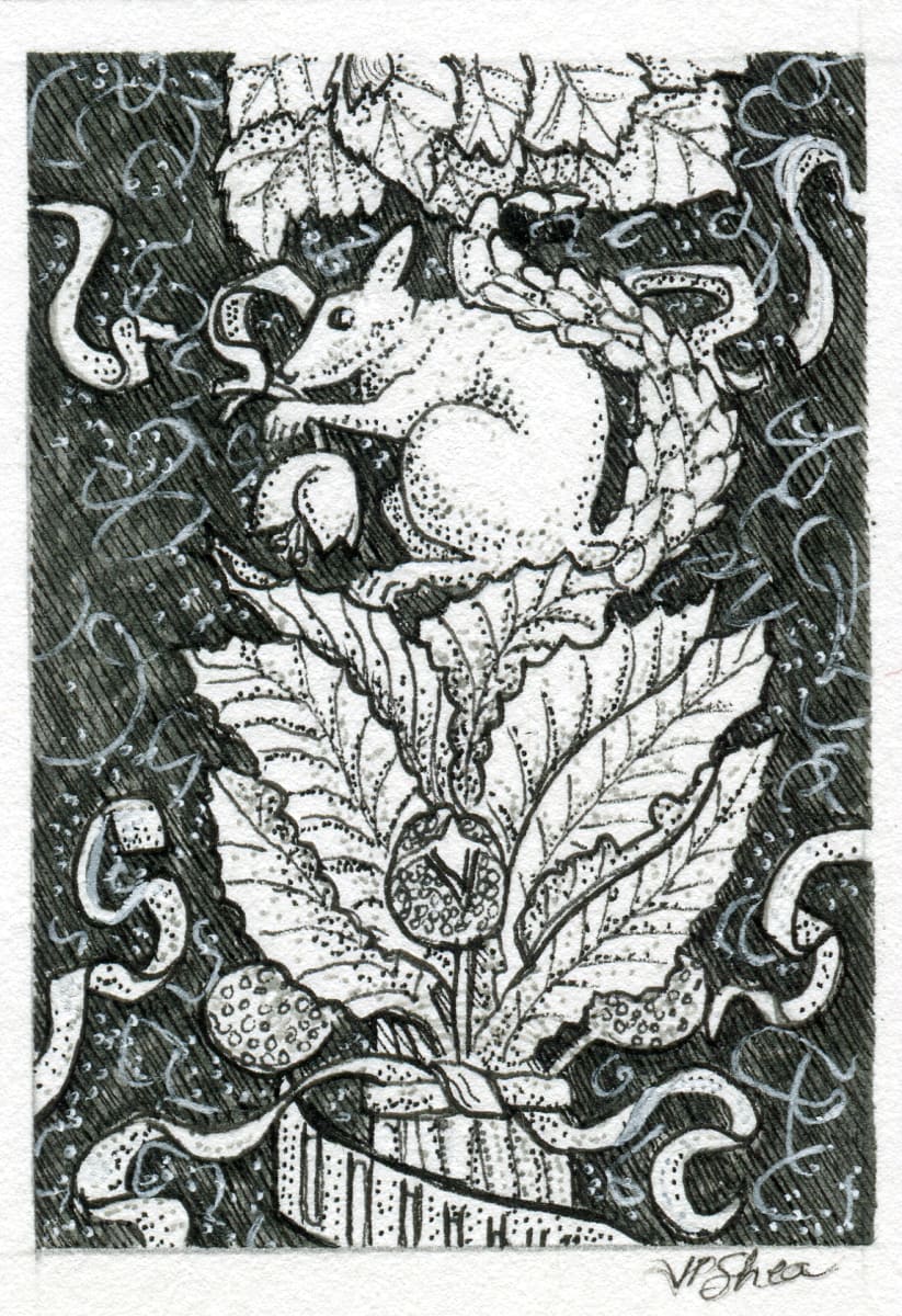 Florentine Squirel by Julie Peterson Shea  Image: The decorative bronze frame of the South Portal doors of the Florence Baptistery in Italy feature intricate designs of small animals, ribbons, and leaves. This miniature is my interpretation of a section of that beautiful detail.