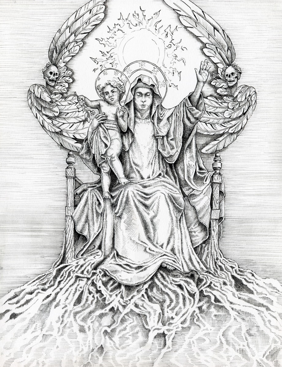 Dominion by Julie Peterson Shea  Image: In Italy, history and art are omnipresent. During our time in Rome, we explored numerous historical sites, churches, and cathedrals, each adorned with stunning architecture, paintings, and sculptures. This illustration merges elements from various sculptures we encountered, infused with a touch of surrealism.