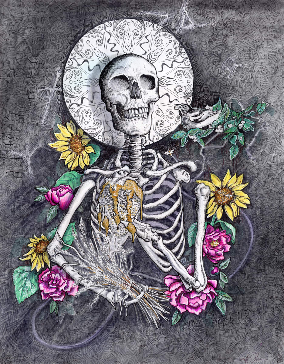 Memento Mori Summer by Julie Peterson Shea  Image: This illustration is a reflection on the cycle of life as it unfolds in a vibrant symphony of seasonal abundance. 

Against a backdrop of the constellations arranged to mirror the first day of summer, Frank the skeleton appears, embodying the timeless reminder of our mortality and the preciousness of existence.

In his bony grasp, a honeycomb drips with golden sweetness, a testament to the labor of bees and nature’s gift of sustenance. From this delectable offering, the essence of summer's sweetness and nourishment cascades forth.
Surrounding the skeletal figure, peonies and sunflowers bloom in resplendent glory, their vibrant petals a testament to the fleeting beauty of life. Their intricate colors and captivating fragrance remind us to cherish the ephemeral moments that summer brings.

Perched within the embrace of a mulberry tree, an oriole finds solace amidst the ripe berries, indulging in the season's offerings. The interplay of bird and tree symbolizes the harmony of nature, where life finds nourishment and purpose.

In the other hand, Frank holds a bundle of newly harvested wheat, representing the fruits of labor and the cycle of sowing and reaping. It symbolizes the bountiful rewards that come from the cycles of life and the abundance of the summer season.

The disc behind the skeleton's head is reminiscent of the sun and hints at the radiant energy that permeates the world during this time of year. It serves as a reminder of the season’s warmth and the life-giving forces that drive the cycle of growth and renewal.

"Memento Mori, Summer" invites us to reflect upon the transient nature of life, to savor the bountiful gifts of the season, and to find gratitude in the abundant beauty that surrounds us. May it inspire us to embrace the present moment and to celebrate the ever-unfolding tapestry of existence.
