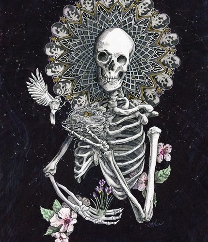 Memento Mori, Spring by Julie Peterson Shea  Image: This illustration is a reminder of our mortality and highlights the importance of finding happiness each day. Memento mori is a Latin phrase meaning 'remember you must die'.
In the skeleton's outstretched hand, a delicate bird's nest cradles precious eggs, symbolizing the potential for new life and growth. A chickadee, drawn to this sanctuary of hope, gracefully descends, embodying the spirit of renewal.
Clutched in the other hand is a cluster of purple crocus, a beacon of awakening and resilience. Their blooms burst forth, heralding the arrival of spring and the promise of rejuvenation.
Around the skeletal figure, cherry blossoms bloom as a herald to spring. Each delicate petal whispers of transience and reminds us to savor the present moment, for life's fragility mirrors the transient nature of these blossoms.
Behind the skeleton's skull, a mandala of lattice work and skulls interweaves, evoking both the intricacies of divinity and the eternal dance between life and death and the constellations of the first day of spring shine delicately in the background, a celestial map mirroring the cosmos above and the rebirth unfolding below.
"Memento Mori, Spring" serves as a poignant reminder to embrace the beauty of life's impermanence, to find joy in the cycles of nature, and to recognize the divine interplay of mortality and renewal, death and rebirth. 
