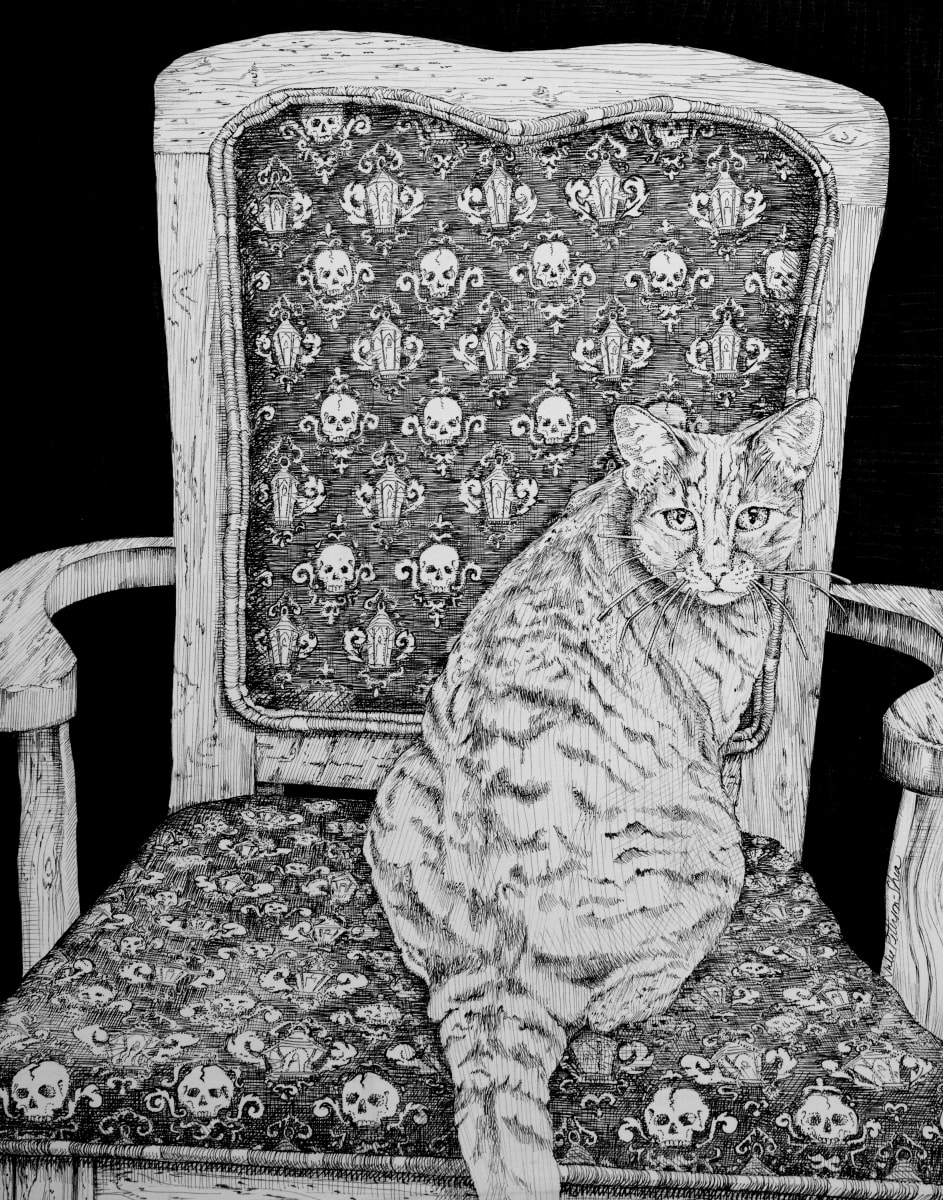 Molly Sitting by Julie Peterson Shea  Image: In July of 2019, I unconsciously decided to throw myself back into my work. My youngest child was in college and life had not thrown any more curve balls my way. On Instagram, I saw a "draw this in your style" prompt of a stylized cat holding a lantern on its tail with a skull. What you see is my reinvention featuring our cat Molly.