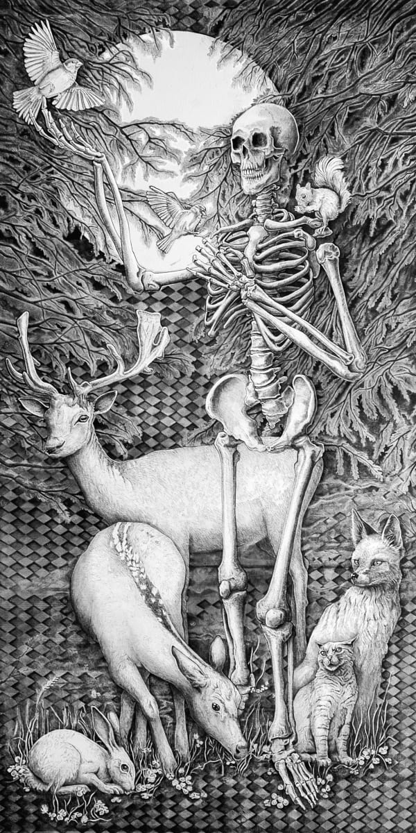 Moonbeams by Julie Peterson Shea  Image: A skeleton finds solace amidst the embrace of nature's gentle creatures. Inspired by the spirit of Saint Francis of Assisi, known for his deep affinity for all living beings, this illustration radiates a sense of harmony and kinship.
As moonlight bathes the scene, casting an ethereal glow, Frank the skeleton stands tall, a guardian of the rejuvenating quality of nature. Two deer stand at his side, embodying grace and tranquility, while a mischievous fox quietly enjoys the company of a cat, who not to be outdone, attempts a regal attitude. 
Perched upon the skeleton's outstretched hand, a chickadee is drawn to the saintly energy emanating from his bony fingers. The delicate interaction symbolizes the profound connection between humans and the natural world.
Completing this enchanting ensemble, a lively hare contently nibbles on clover and a spirited squirrel finds comfort on the skeleton's shoulder, embracing the sanctuary he offers. 
Together, this diverse congregation of creatures pays homage to the universal message of love, respect, and reverence for all living beings as we are reminded of Saint Francis' enduring legacy, inviting us to find solace, harmony, and unity in nature, embracing the profound beauty that surrounds us all.
