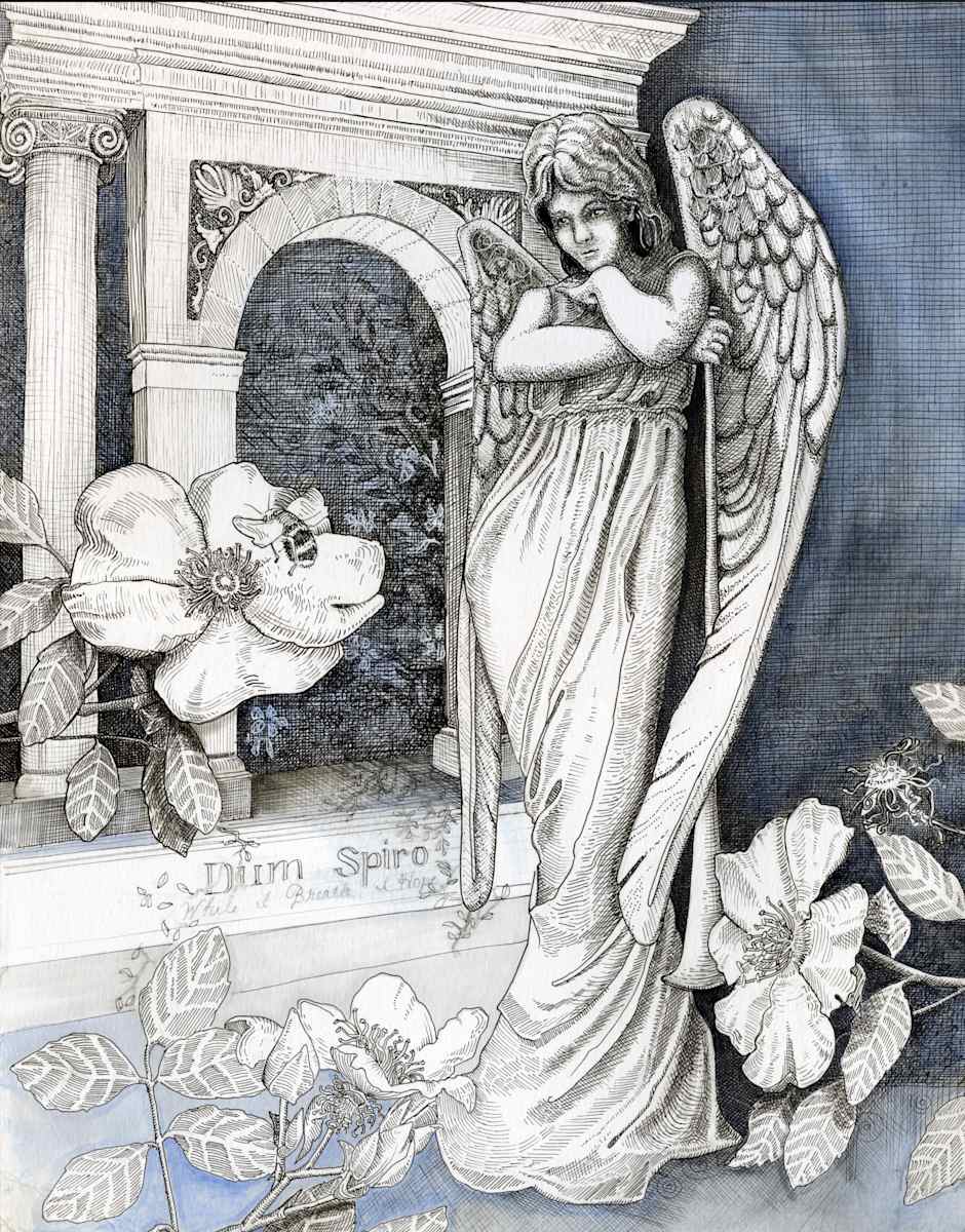 While I Breathe by Julie Peterson Shea  Image: "Dum Spiro" is Latin for "While I breathe," a phrase often accompanied by "Spero"—"I hope." I titled my work While I Breathe, (I Hope) to convey the idea that the first part is spoken aloud, while the rest is a quiet whisper within the heart—an unspoken truth when the body is too weary to complete the thought.