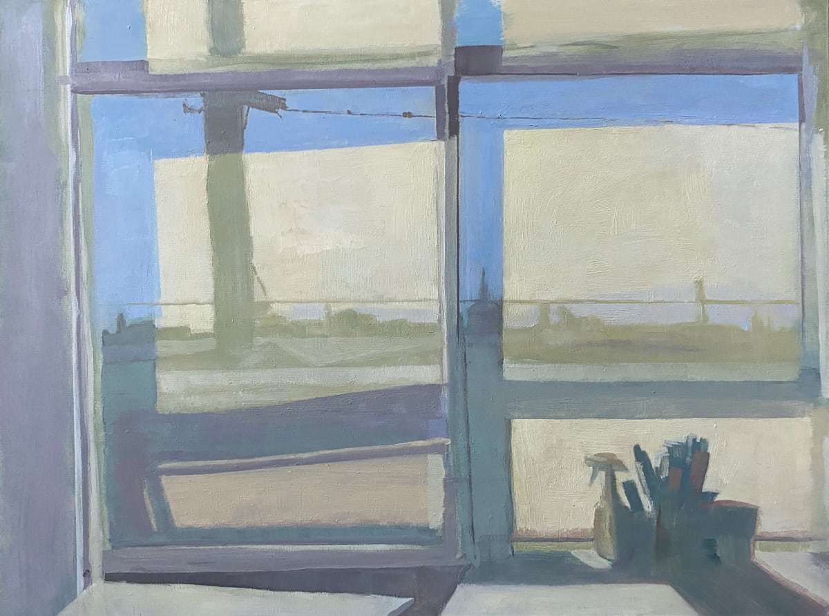 Winter Studio Windows by Kathleen  Image: Sun and the view through the window shades making shadow patterns and softening the landscape.