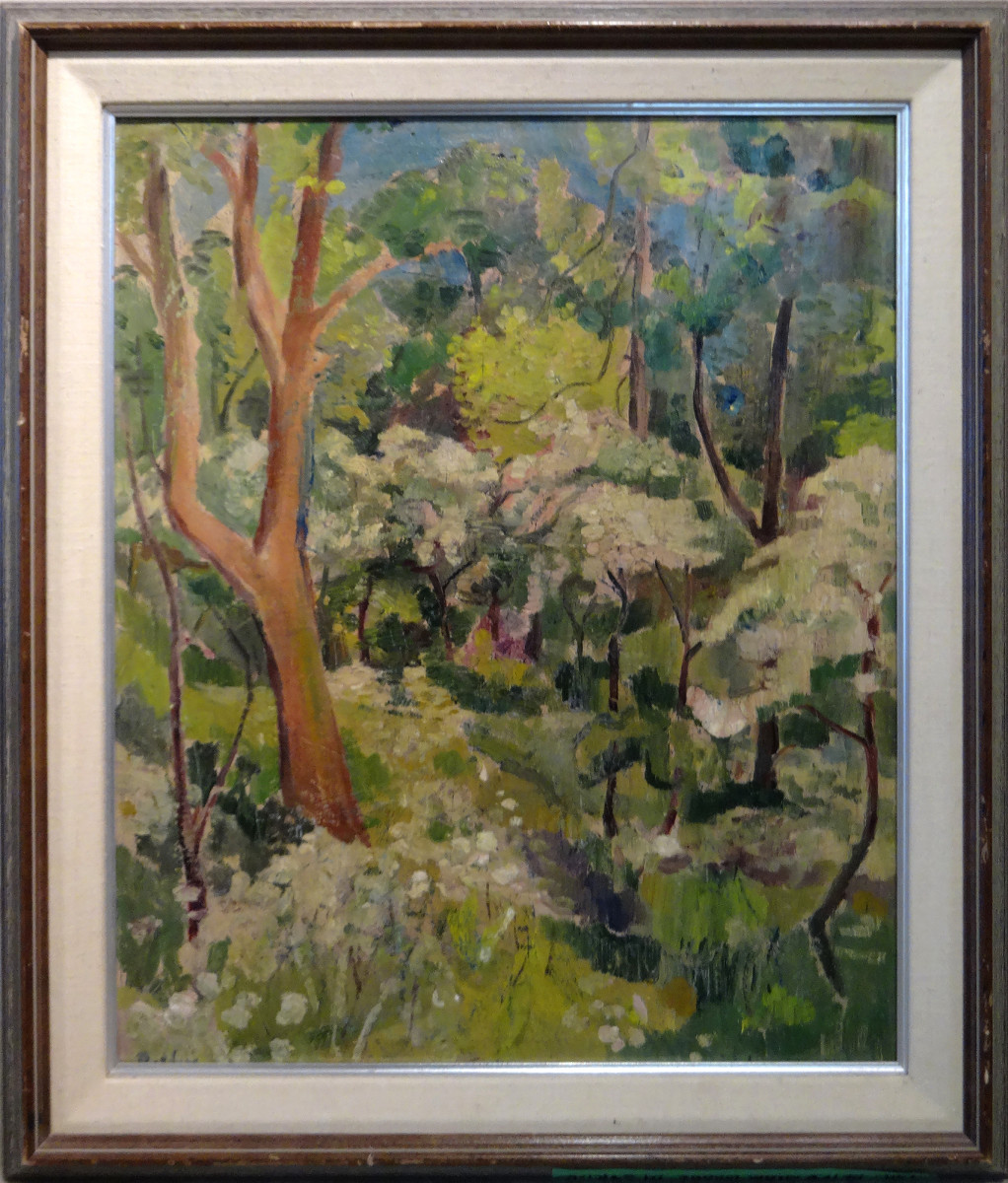 0239 - Petersham Woods in Spring,  May tree in bloom by Llewellyn Petley-Jones (1908-1986) 