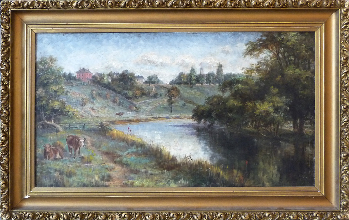 0067 -  19th Century piece, red house with cows by E Lawson 