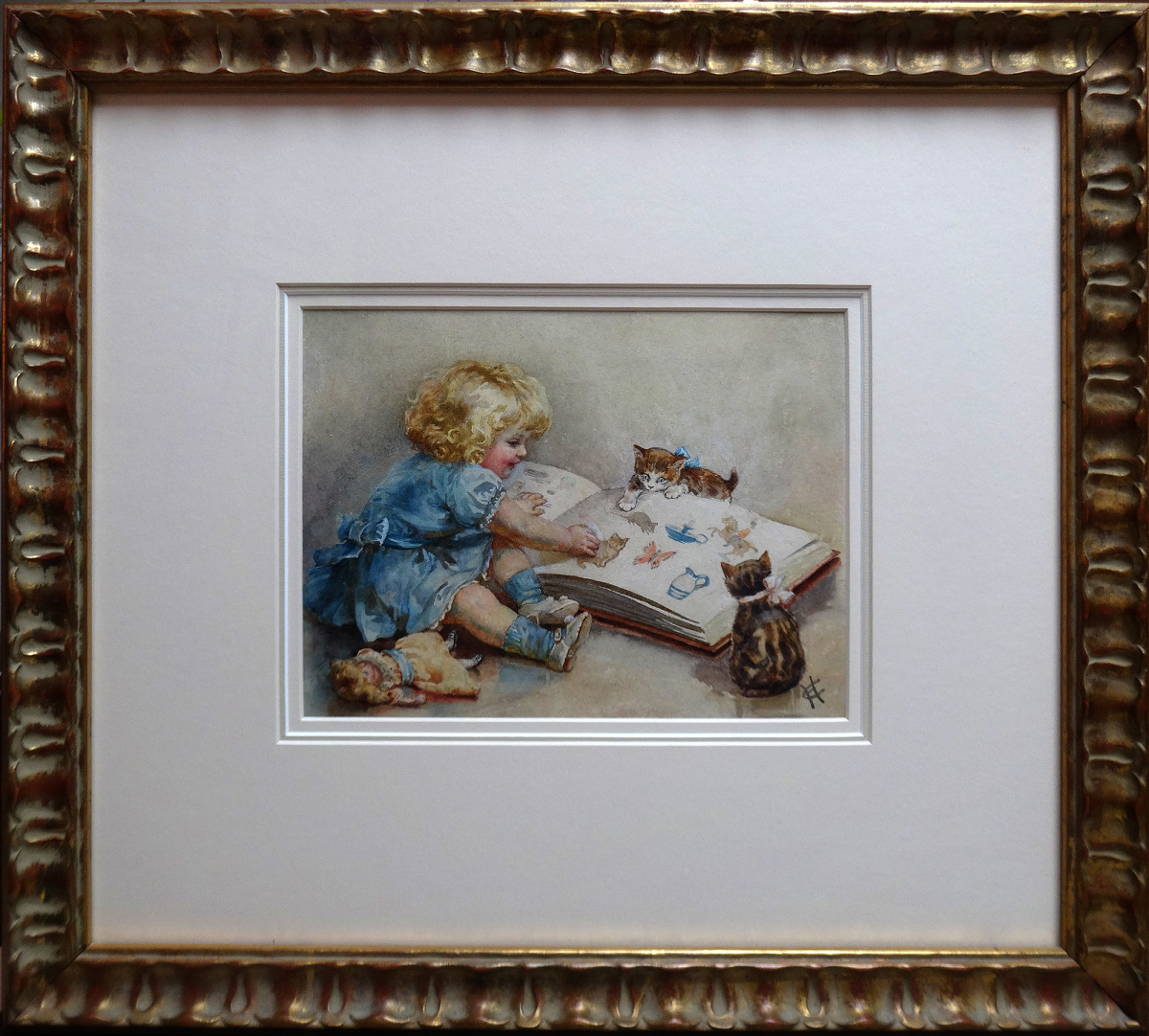 2606 - Little Girl in Blue Dress with Kittens by Horatio Henry Couldery (1833-1893) 