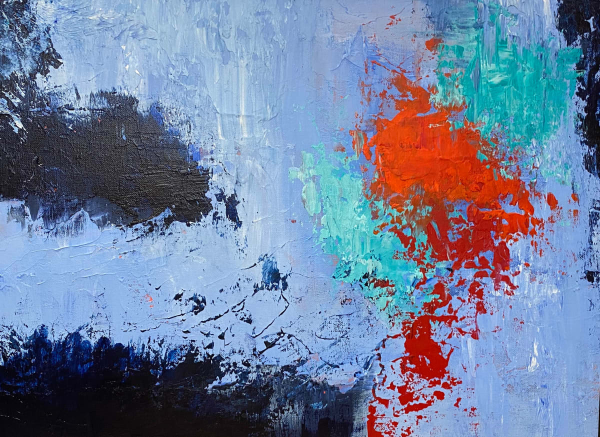 Drifting Away by Cyndy Baran  Image: With Blues ranging from light to dark and a splash of red, this painting would be perfect for a space on your walls.