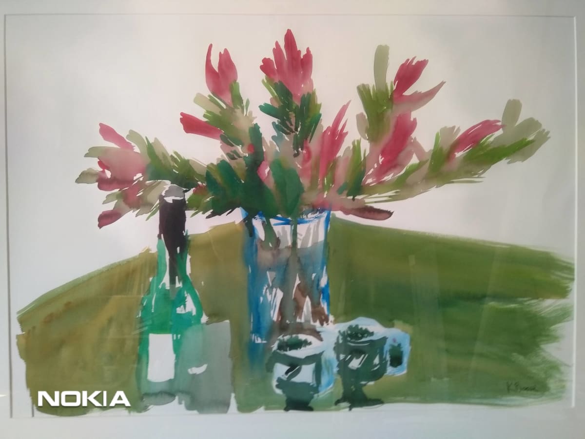 Still Life with Proteas by Kristina Boese  Image: vase of proteas, with cups and glass with wine bottle