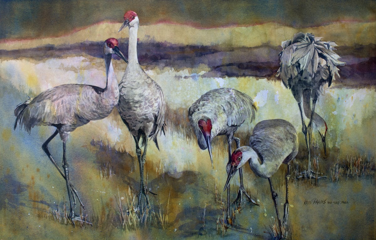Hunt and  Peck by Kris Parins  Image: Five Sandhill Cranes
