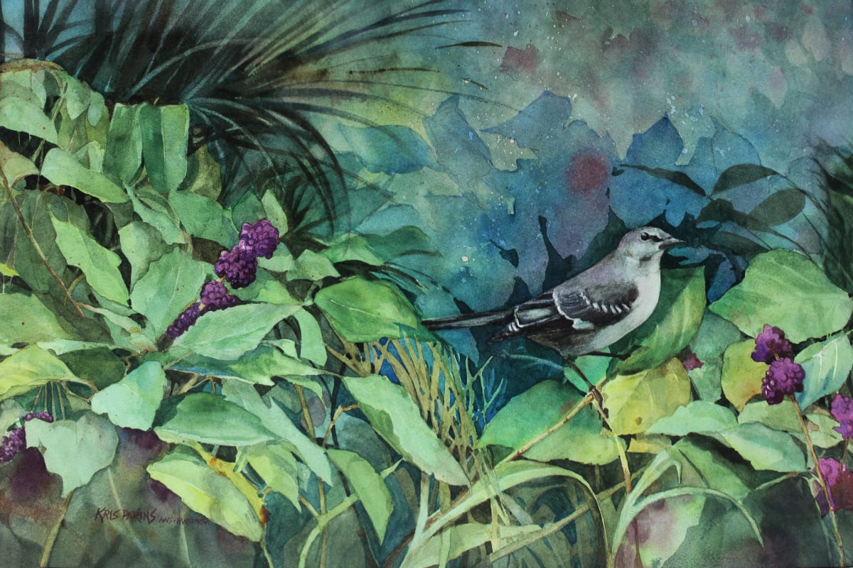 Berry Bandit by Kris Parins  Image: Mocking Bird in a Beauty Bush
