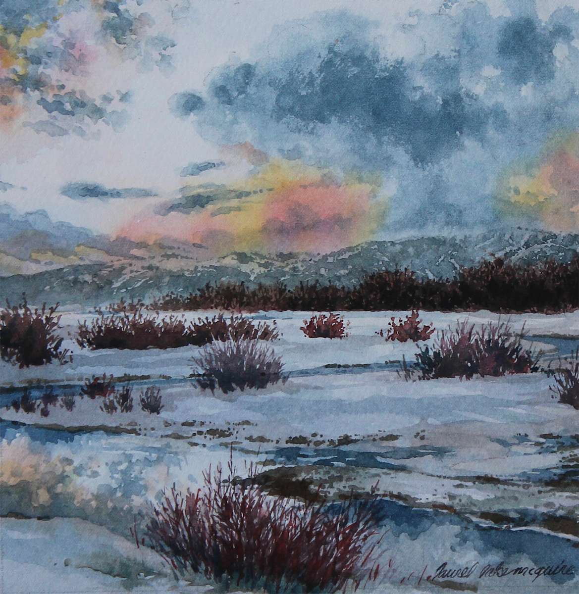 Tamarack Valley Winter by Laurel Lake McGuire  Image: Dramatic sunset in the Cascade Valley in winter. 