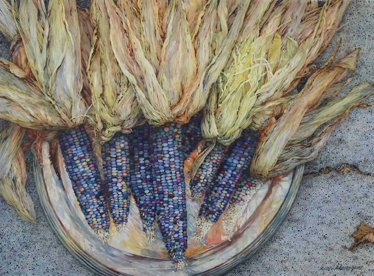 Tray 4: Blue Corn by Laurel Lake McGuire  Image: Fourth in a series all set with the same silver tray, this one incorporated some “glass gems” corn cobs. 