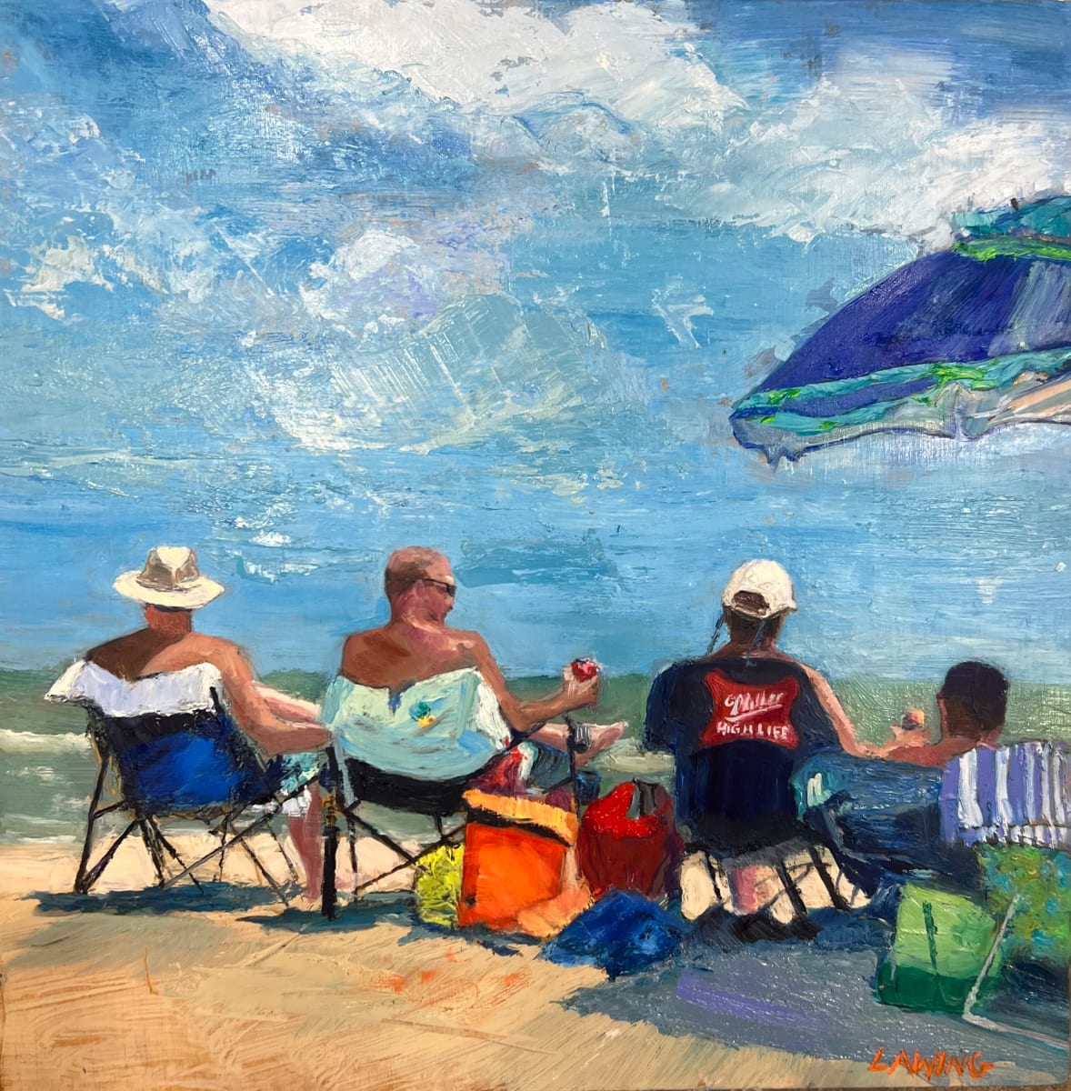 High Life by Julia Chandler Lawing  Image: Buddies, brew, and beach. Living the “high life.” 
