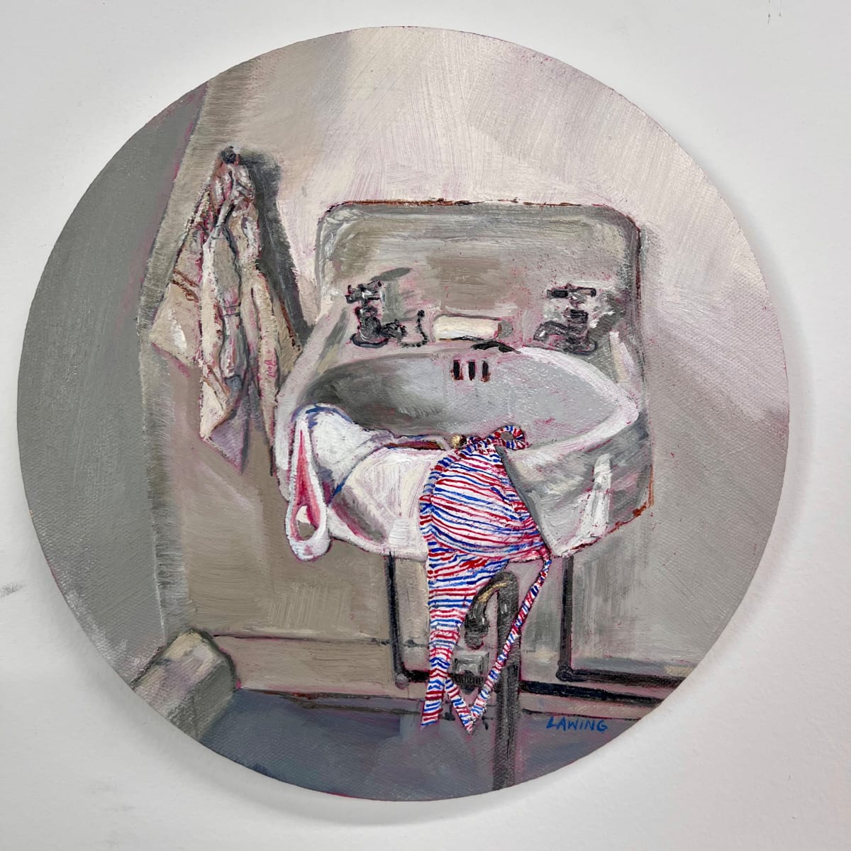 American Girl #4 by Julia Chandler Lawing  Image: Vintage wall sink with red, white and blue seersucker bikini draped over the side. Americana at its finest!