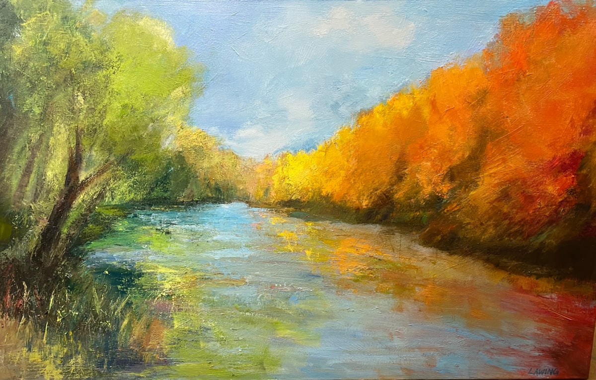 River Hues by Julia Chandler Lawing  Image: Colorful river view. Oil on canvas, 36x60 inches, by Julia Lawing. 