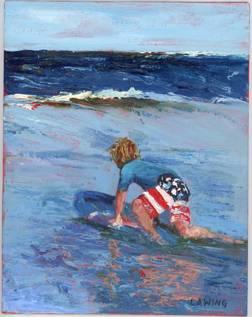 Bushy, Bushy Blonde Hairdo by Julia Chandler Lawing  Image: A boy in his Stars and Stripes swimsuit, catching some waves off Block Island. Original painting, oil on canvas board
, by Julia Lawing. 