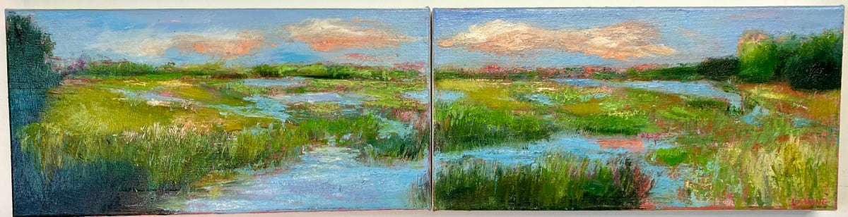 Springtide by Julia Chandler Lawing  Image: Spring tide filling the coastal lowcountry, amongst the green grasses. Diptych (two 8x16x1.5, side by side). 