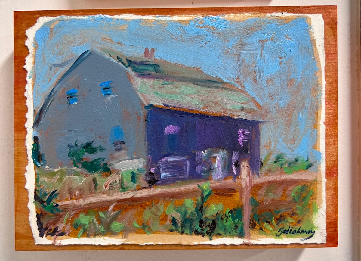 Block Island Barn by Julia Chandler Lawing  Image: Block Island Barn, oil on shellacked paper mounted on cradled wood panel.