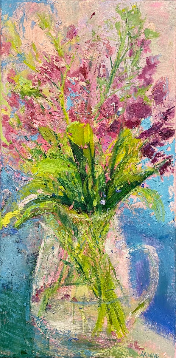 Pitcher Of Sweet Peas by Julia Chandler Lawing  Image: Bouquet of sweet pea flowers in my grandmother’s glass pitcher.  In gold/black floater frame. 