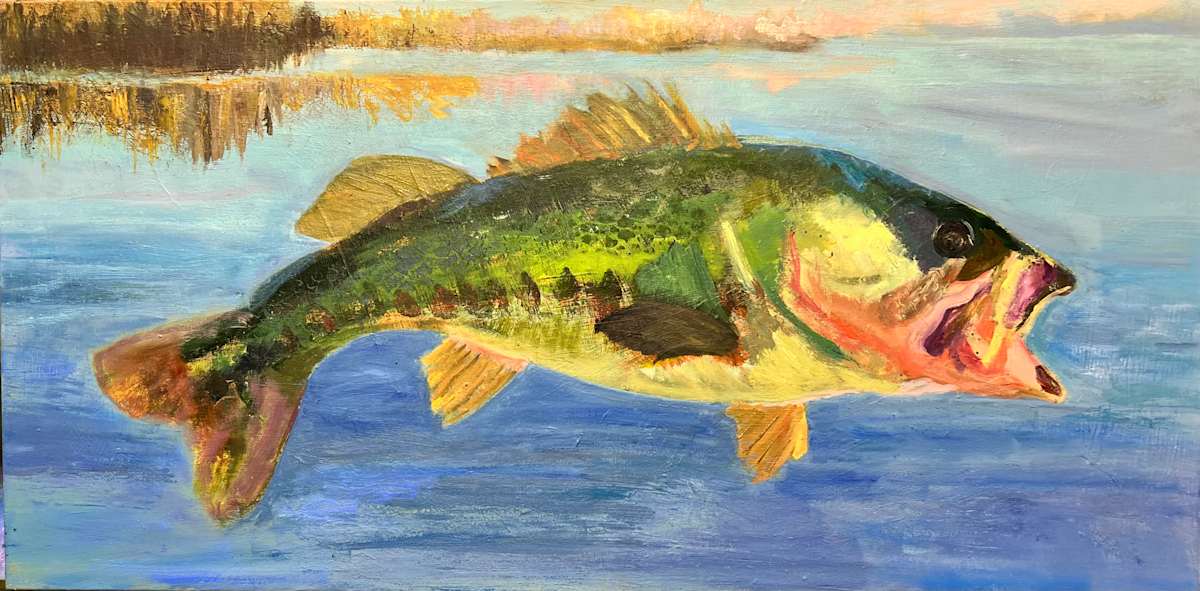 Large-Mouth Bass—in progress by Julia Chandler Lawing  Image: Large-mouth bass jumping 