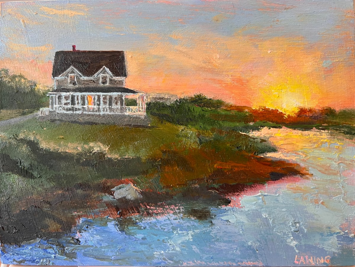 Trims Pond Sunset, Block Island by Julia Chandler Lawing  Image: Sunset on Trims Pond, Block Island, Rhode Island. Oil on cradled wood panel.