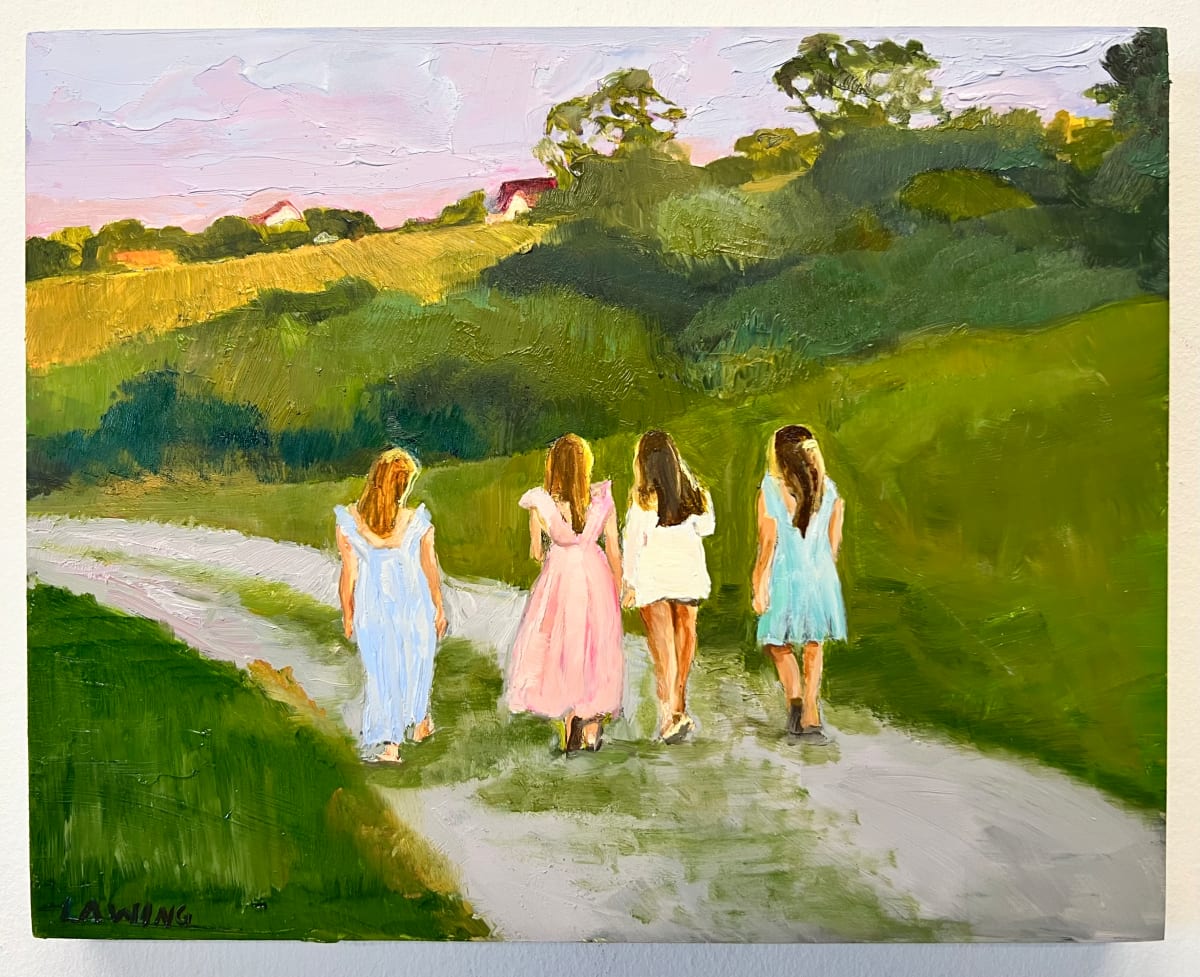 Walking Each Other Home by Julia Chandler Lawing  Image: Four sisters walking at dusk on one of Block Island’s gravel roads