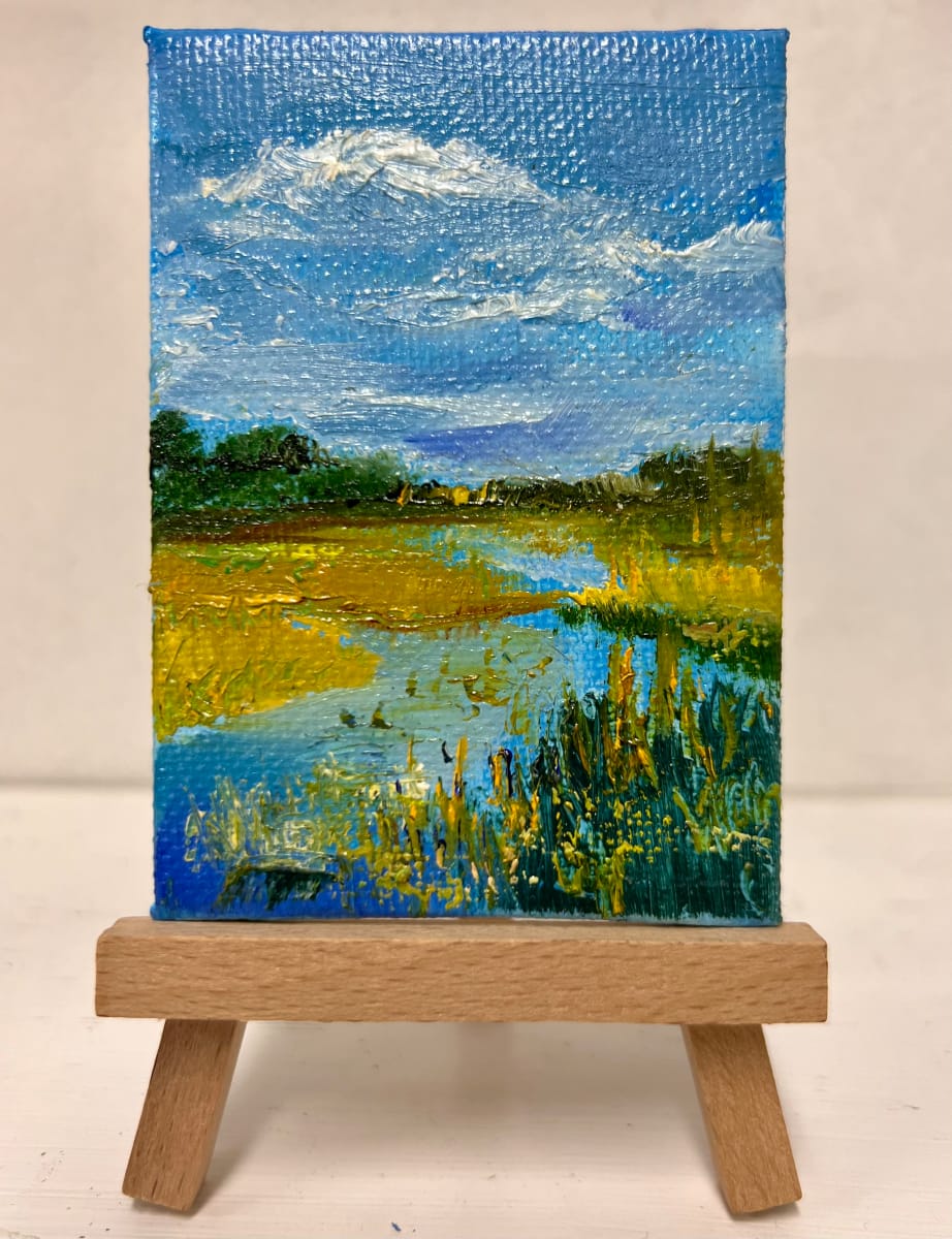 Blue Above, Blue Below by Julia Chandler Lawing  Image: Miniature marsh oil painting on mini wooden easel