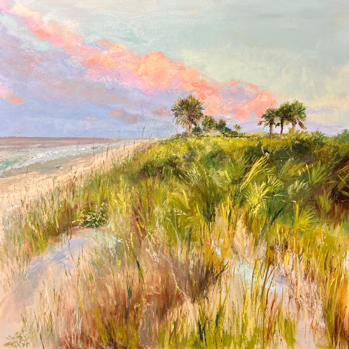 Dunes, Sky & Sea by Julia Chandler Lawing  Image: Palmettos, dunes, sea and sky as sundown approaches. All the grandeur of the southern coast at golden hour. Please inquire for purchase.