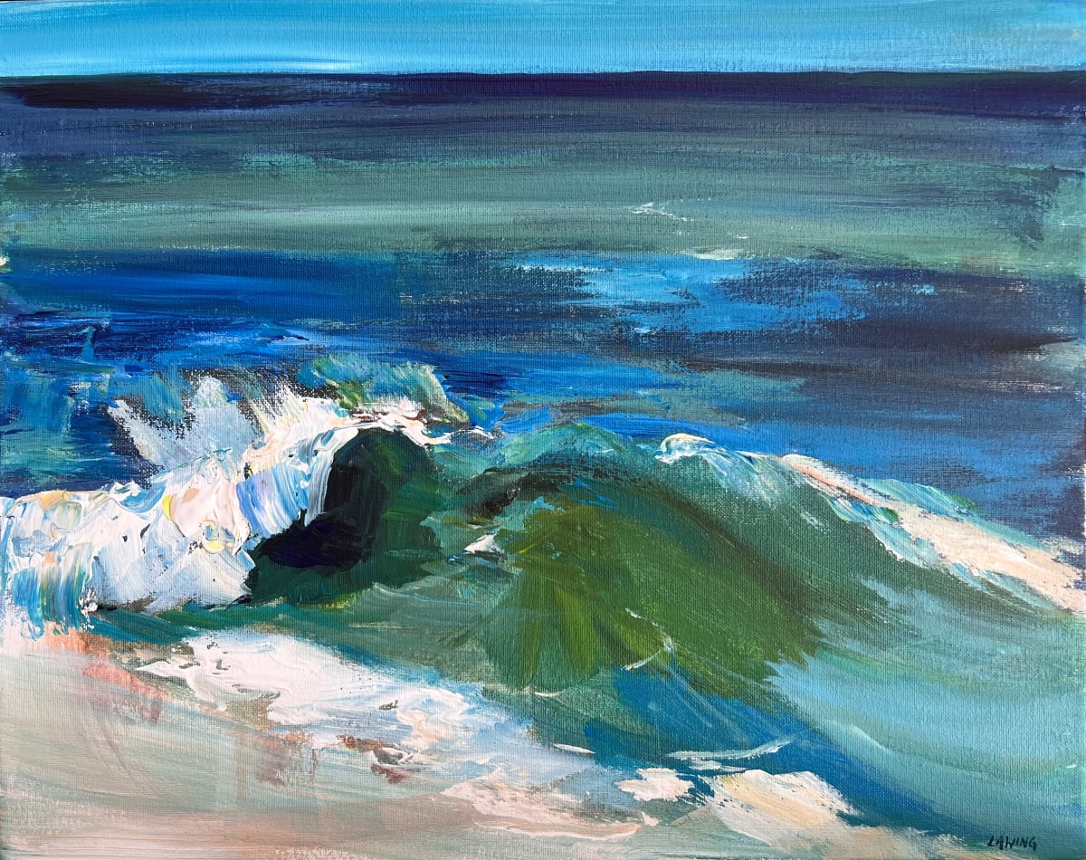 Your Love Crashes Over Me by Julia Chandler Lawing  Image: Green/blue crashing wave, acrylic on canvas in gold/black floater frame.