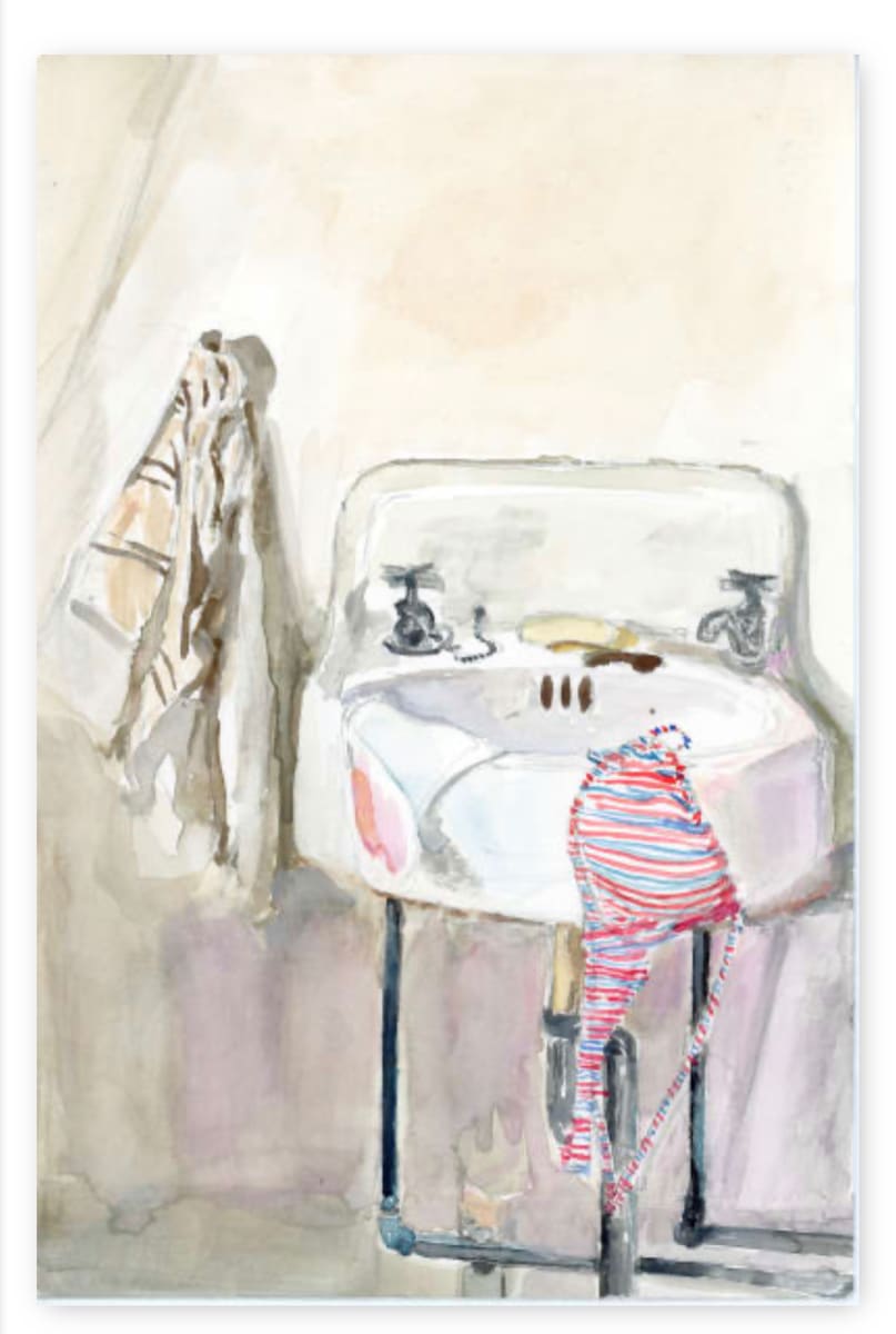 American Girl sink print by Julia Chandler Lawing  Image: Print of Julia’s watercolor of red-white-blue bikini top draped over vintage wall sink 