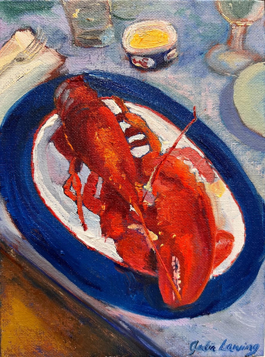 Plated Lobstah by Julia Chandler Lawing  Image: Lobster on an oval platter, with a side of melted butter for dipping. 