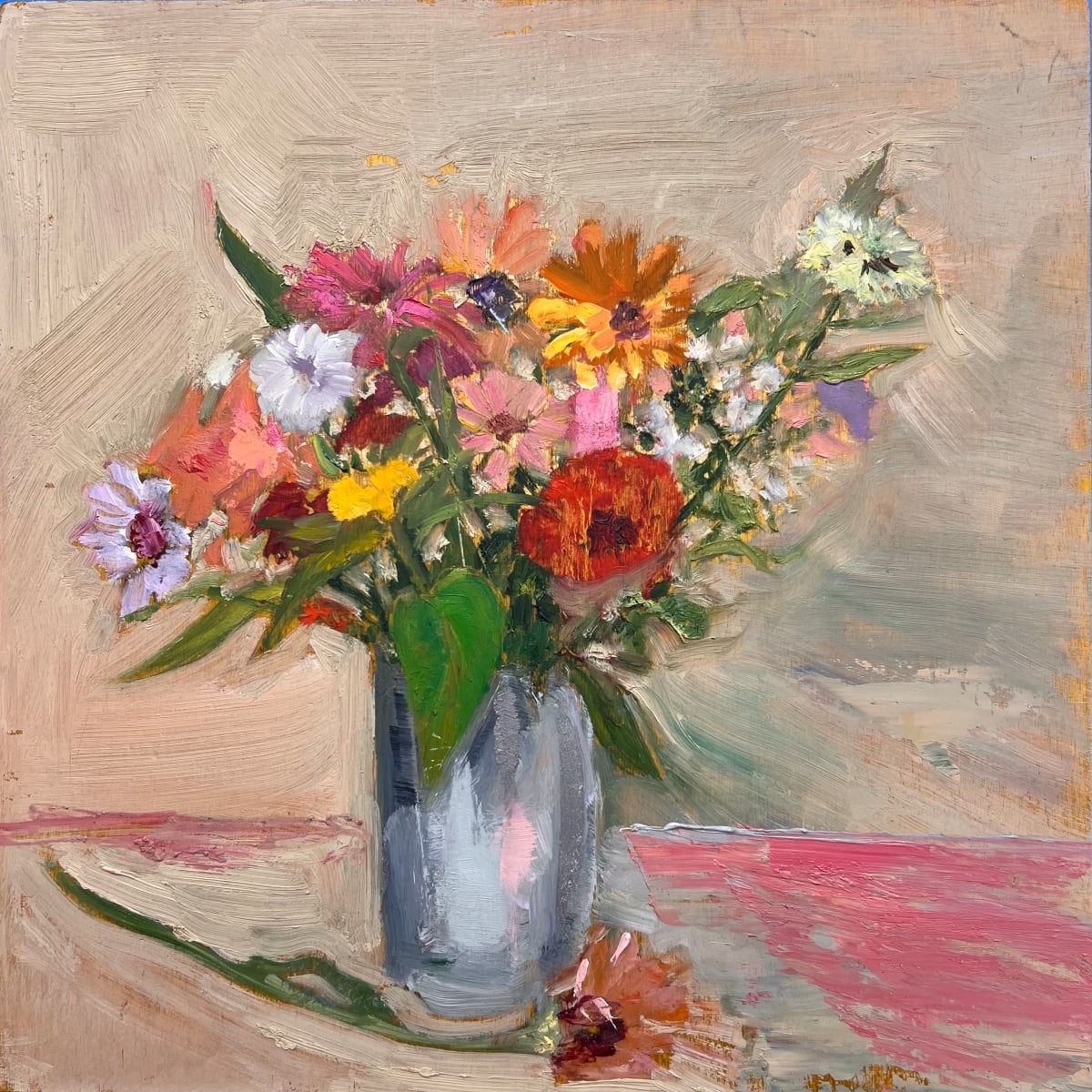 August Offering by Julia Chandler Lawing  Image: A visit to a country flower farm in August yields a pretty bouquet. Oil on cradled wood panel. 