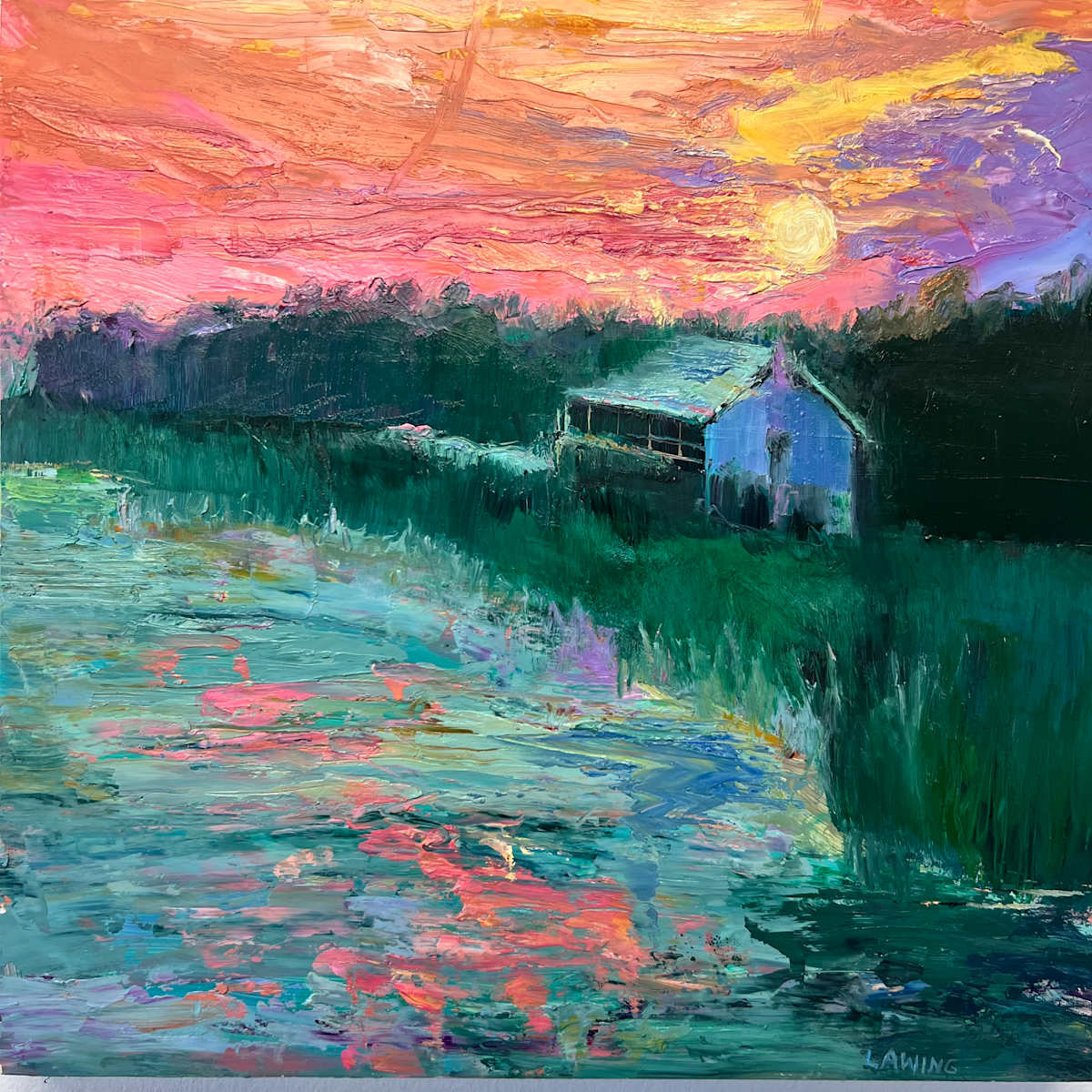 Sunset Infusion by Julia Chandler Lawing  Image: Dramatic sunset at a coastal creekside cabin 