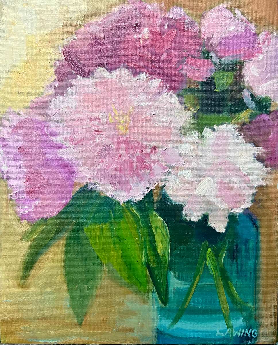 Aren’t You Pretty? by Julia Chandler Lawing  Image: Peonies in antique blue Mason jar 