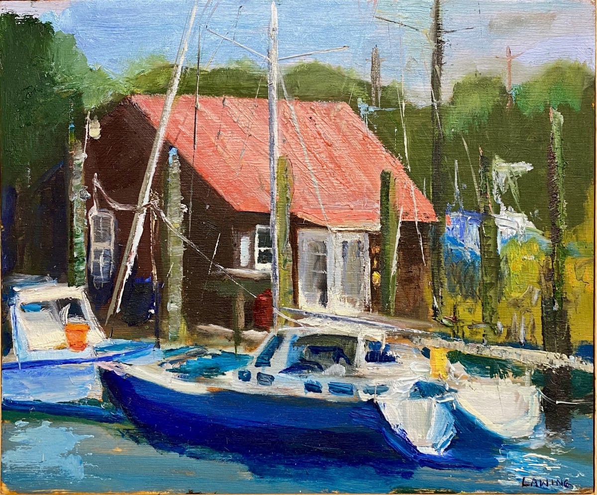 The Boathouse by Julia Chandler Lawing  Image: The red roof and blue boat attracted me to this boathouse on Shem Creek, Mount Pleasant, in Charleston, SC.