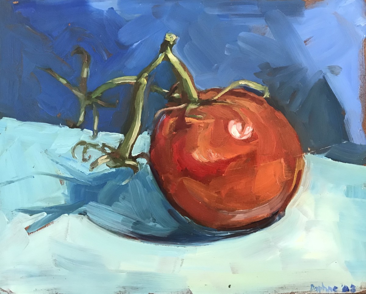 Red Tomato on Blue Ground -Demo Painting by Daphne Cote 
