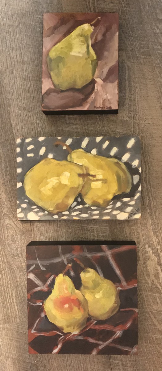 Triptych of Pears,  A Sexy Pear, A Pear on Date Night, A Peared Whisper by Daphne Cote 