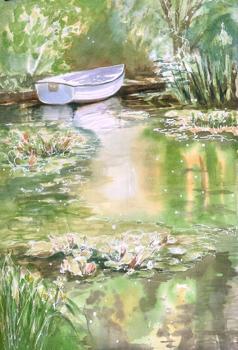 Boat at Beeleigh Abbey by Susan Clare  Image: Boat at Beeleigh Abbey, original watercolour ©SusanClare