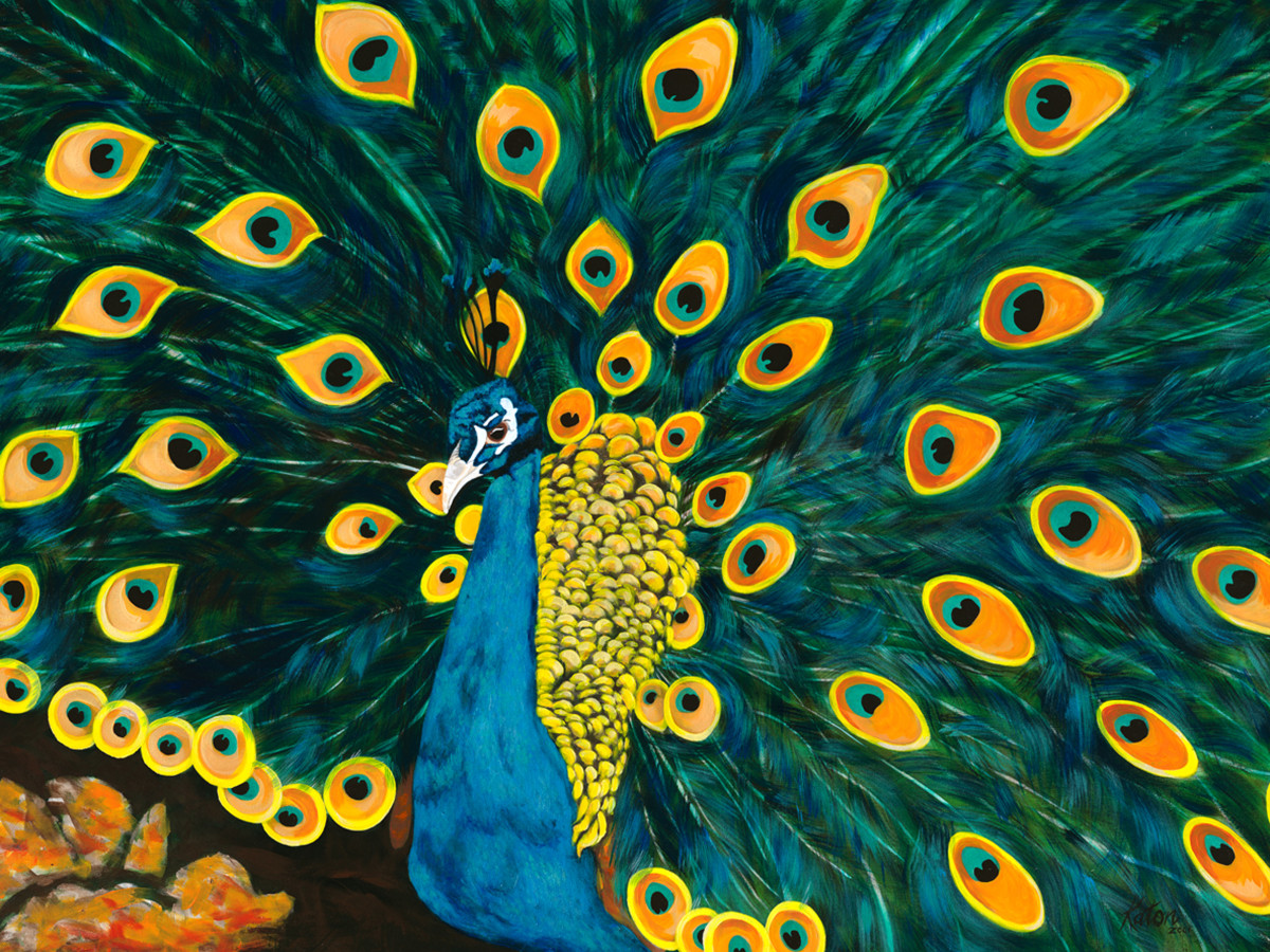 b) Peacock Sam by Kathleen Tonnesen  Image: "Peacock Sam" Painting © Kathleen Tonnesen, 2001.
